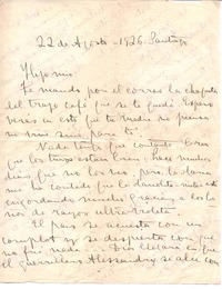 [Carta], 1926 ag. 22 Santiago, Chile <a>, Vicente Huidobro, Francia