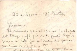 [Carta], 1926 ag. 22 Santiago, Chile <a>, Vicente Huidobro, Francia