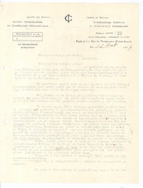 [Carta], 1927 oct. 12 Paris, Francia <a> Pedro Aguirre Cerda, Chile