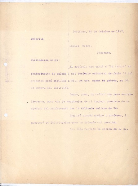 [Carta], 1917 oct. 19 Santiago, Chile <a> Gabriela Mistral, Chile