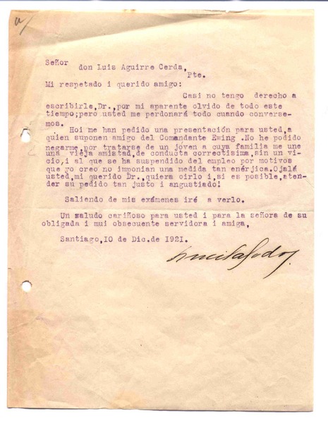[Carta], 1921 dic 10 Santiago, Chile <a> Pedro Aguirre Cerda, Chile