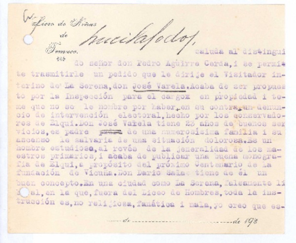 [Carta], 1920 nov. 2 Temuco, Chile <a> Pedro Aguirre Cerda, Chile