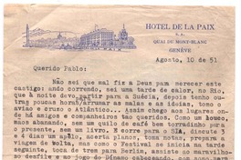 [Carta], 1951 ago. 10 Ginebra, Suiza [a] Pablo Neruda