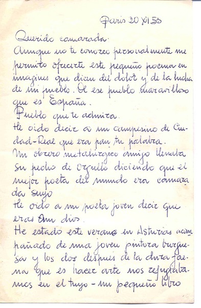 [Carta], 1955 nov. 20 París, Francia [a] Pablo Neruda  [manuscrito].