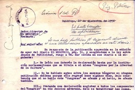 [Carta], 1956 dic. 21 Santiago, Chile [a] Diario El Mercurio de Santiago  [manuscrito] Pablo Neruda