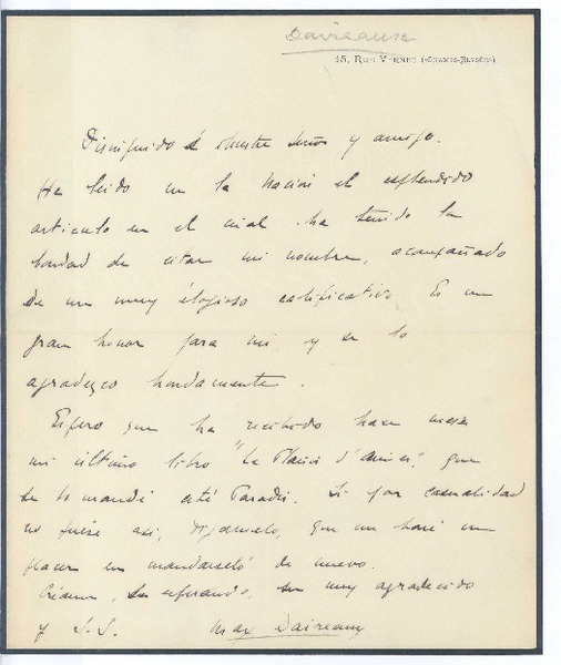 [Carta, entre 1900 y 1916] París, Francia <a> Rubén Darío