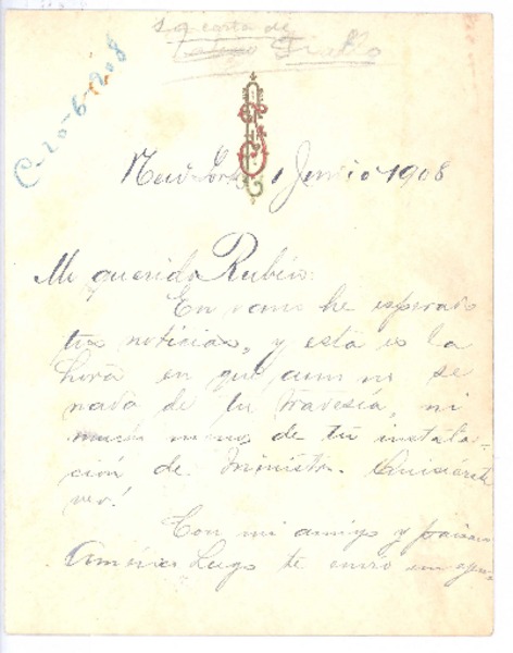 [Carta], 1908 jul. 1 New York <a> Rubén Darío