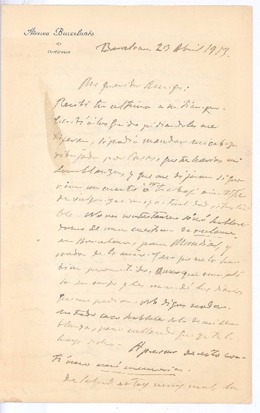 [Carta], 1913 abr. 23 Barcelona, España <a> Rubén Darío