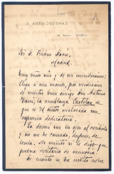 [Carta entre 1900 y 1916], Madrid, España <a> Rubén Darío