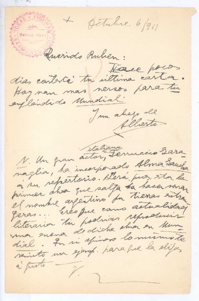 [Carta], 1911 oct. 6 Buenos Aires, Argentina <a> Rubén Darío