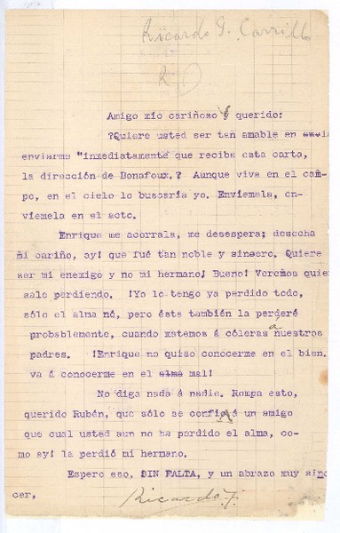 [Carta], c. 1900 España? <a> Rubén Darío