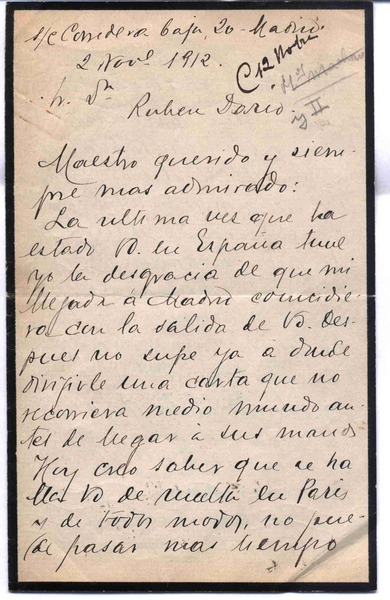 [Carta], 1912 nov. 2 Madrid, España <a> Rubén Darío
