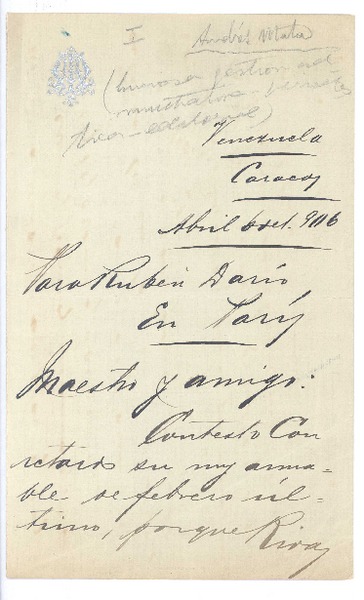 [Carta], 1906 abr. 6 Caracas, Venezuela <a> Rubén Darío