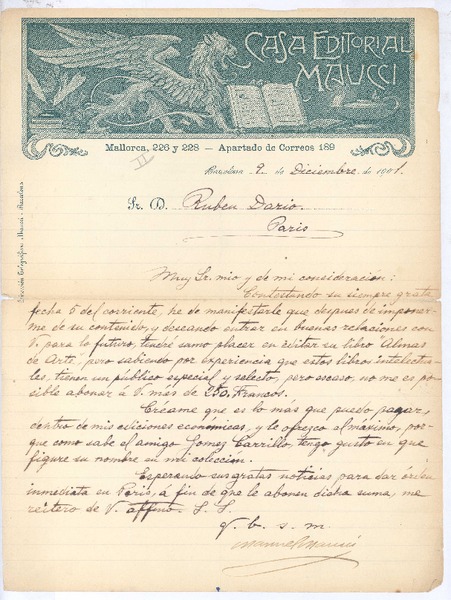 [Carta], 1901 dic. 9 Barcelona, España <a> Rubén Darío