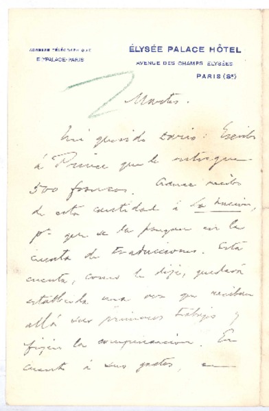 [Carta], c. 1900 Paris, Francia <a> Rubén Darío