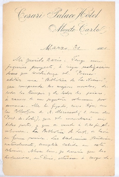 [Carta], 1901 mar. 21 Monte Carlo, Monaco <a> Rubén Darío