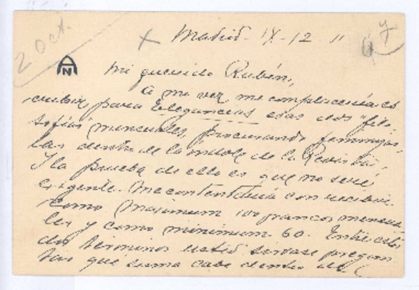 [Carta], 1911 sep. 12 Madrid, España <a> Rubén Darío