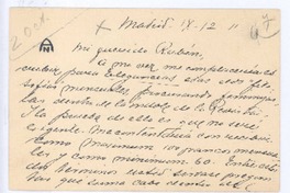 [Carta], 1911 sep. 12 Madrid, España <a> Rubén Darío