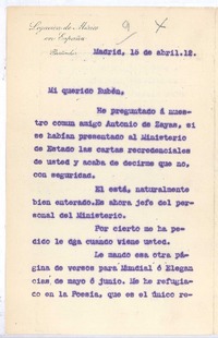 [Carta], 1912 abr. 15 Madrid, España <a> Rubén Darío