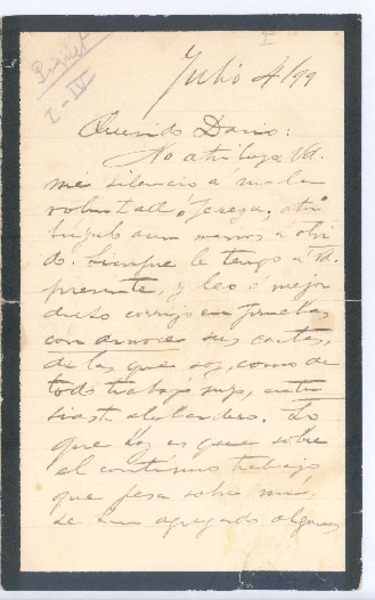 [Carta], 1899 jul. 4 Francia <a> Rubén Darío