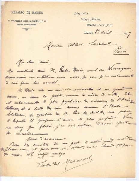[Carta], 1907 abr. 23 Londres, Inglaterra <a> Albert Sarrant
