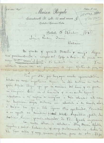 [Carta], c.1900 oct. 25 La Habana, Cuba <a> Rubén Darío