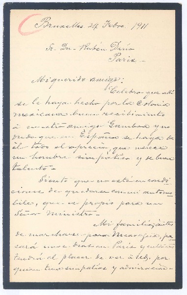 [Carta], 1911 feb. 24 Bruselas, Bélgica <a> Rubén Darío