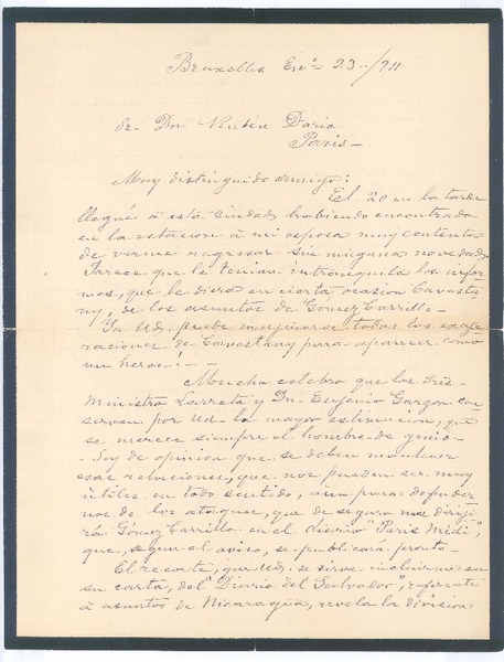[Carta], 1911 ene. 23 Bruselas, Bélgica <a> Rubén Darío