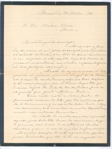 [Carta], 1910 nov. 28 Bruselas, Bélgica <a> Rubén Darío