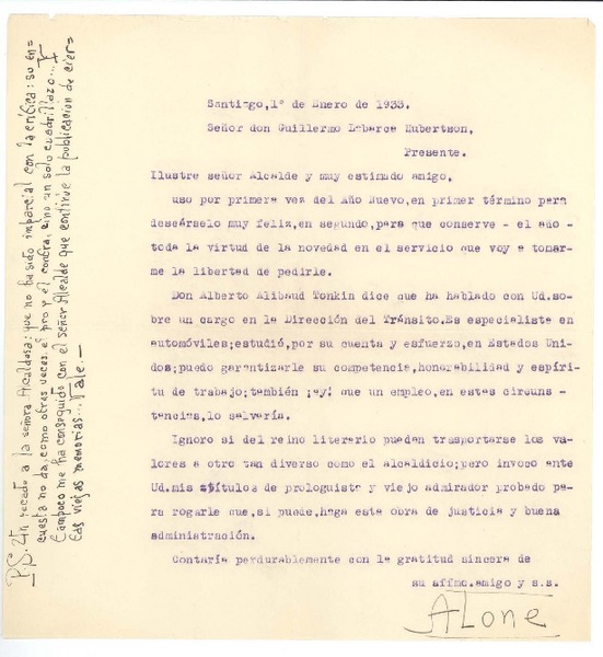 [Carta] 1933 ene. 1, Santiago, Chile [a] Guillermo Labarca Hubertson