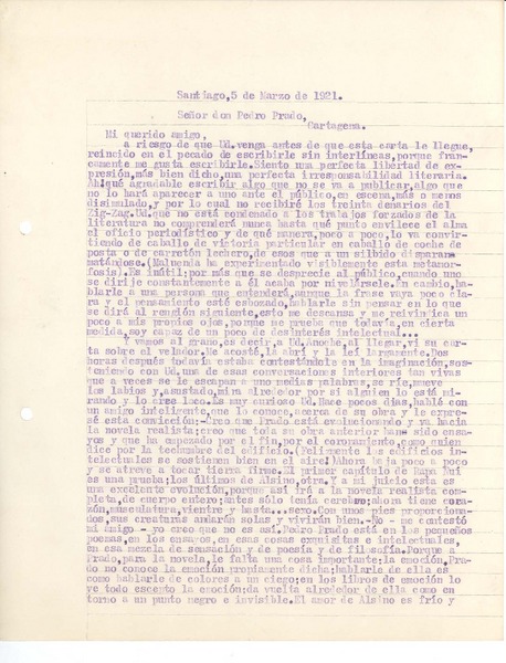 [Carta] 1921 mar. 5, Santiago, Chile [a] Pedro Prado