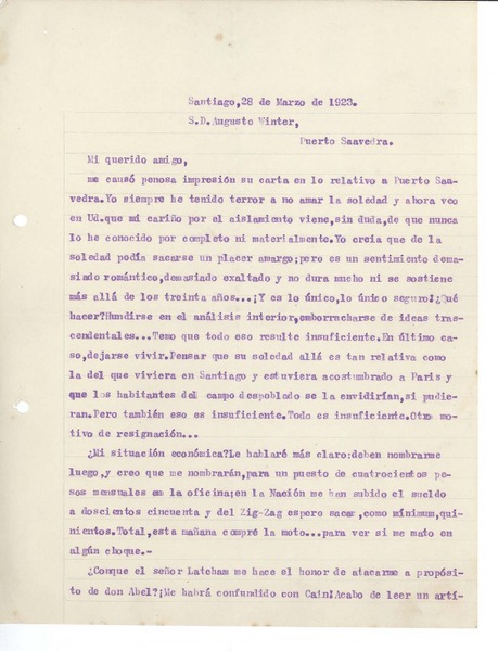 [Carta] 1923 mar. 28, Santiago, Chile [a] Augusto Winter