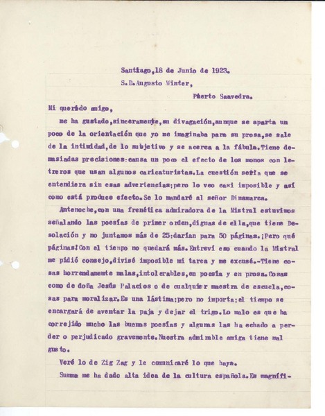 [Carta] 1923 jun. 18, Santiago, Chile [a] Augusto Winter