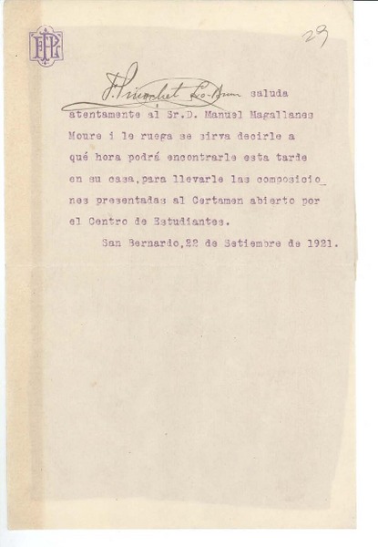 [Carta] 1921 sep. 21 San Bernardo, Chile [a] Manuel Magallanes Moure