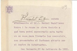 [Carta] 1921 sep. 21 San Bernardo, Chile [a] Manuel Magallanes Moure