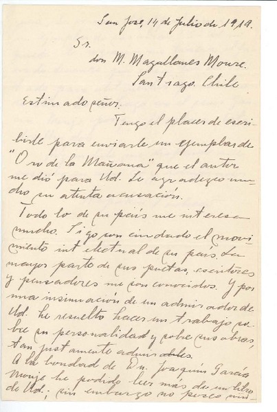 [Carta] 1919 jul. 14, San José, Costa Rica [a] Manuel Magallanes Moure