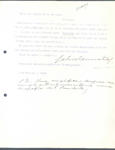 [Carta], 1930 feb. 2 Cavi-Lavagna, Italia <a> Emilio Bello Codecido