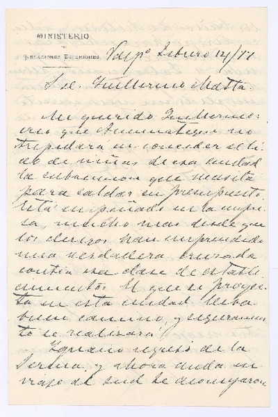 [Carta], 1877 feb. 14 Valparaíso, Chile <a> Guillermo Matta