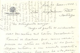 [Carta], 1933 ene. 13 Viña del Mar, Chile [a] Magdalena Petit