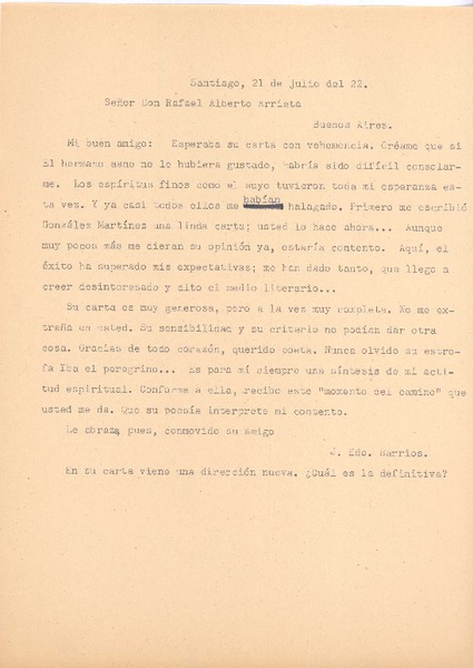 [Carta], 1922 jul. 21 Santiago, Chile <a> Rafael Alberto Arrieta