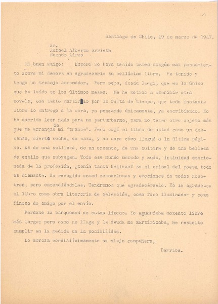 [Carta], 1947 mar. 19 Santiago, Chile <a> Rafael Alberto Arrieta
