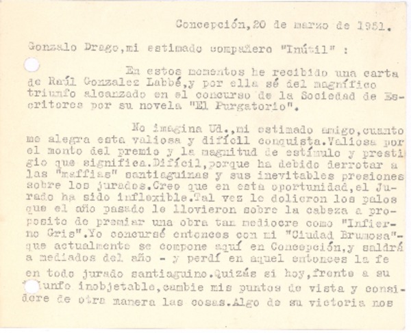 [Tarjeta], 1951 mar. 20 Concepción, Chile <a>Gonzalo Drago