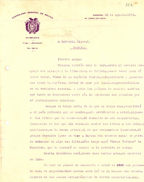 [Carta] 1933 Ago. 28, Amberes [a] Gabriela Mistral, Madrid
