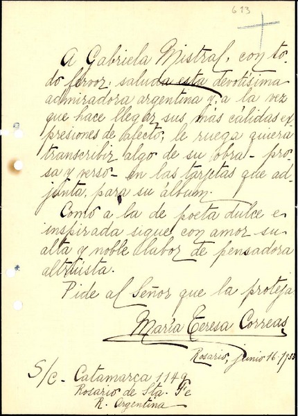 [Carta] 1933 jun. 16, Rosario de Santa Fe [a] Gabriela Mistral