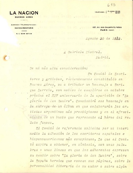 [Carta] 1933 ago. 30, París [a] Gabriela Mistral, Madrid