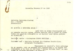 [Carta] 1932 feb. 27, Marsella, [Francia] [a] Gabriela Mistral, Puerto Rico