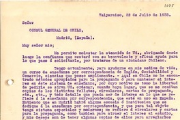[Carta] 1933 jul. 22, Valparaíso, Chile [al] Cónsul General de Chile, Madrid, España