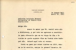 [Carta] 1933 abr. 14, Cambridge [a] Gabriela Mistral, Puerto Rico