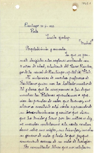 [Carta] 1933 abr. 30, Santiago [a] Gabriela Mistral, Madrid