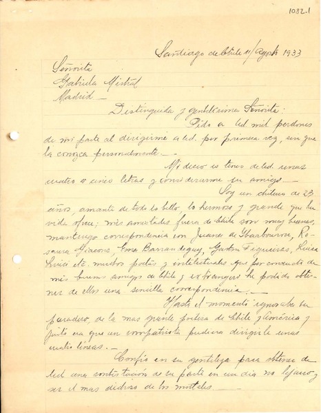 [Carta] 1933 ago. 11, Santiago, Chile [a] Gabriela Mistral, Madrid, [España]